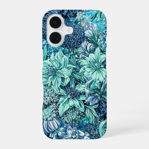 Blue White Teal Garden Flowers Pattern iPhone 16 Case