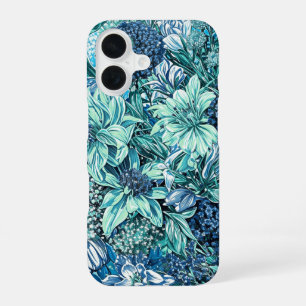 Blue White Teal Garden Flowers Pattern iPhone 16 Case