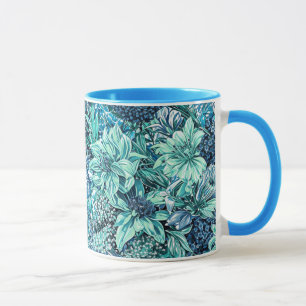 Blue White Teal Garden Flowers Pattern Mug