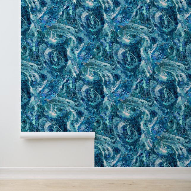 Blue White Teal Sea Waves Abstraction Pattern Wallpaper (Application)