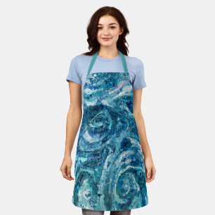 Blue White Teal Sea Waves Splash Abstraction Apron