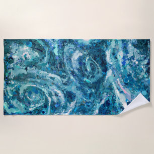 Blue White Teal Sea Waves Splash Abstraction Beach Towel