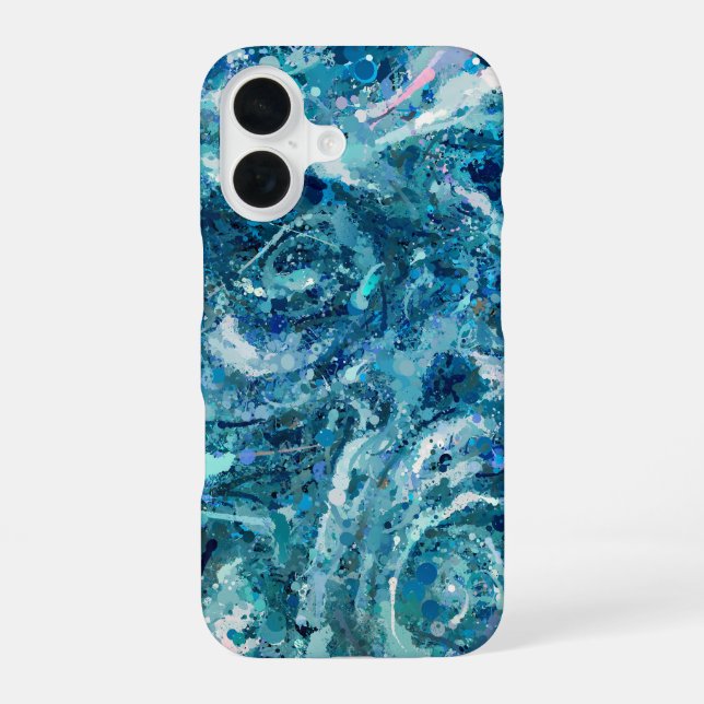 Blue White Teal Sea Waves Splash Abstraction iPhone 16 Case (Back)