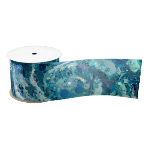 Blue White Teal Sea Waves Splash Abstraction Satin Ribbon
