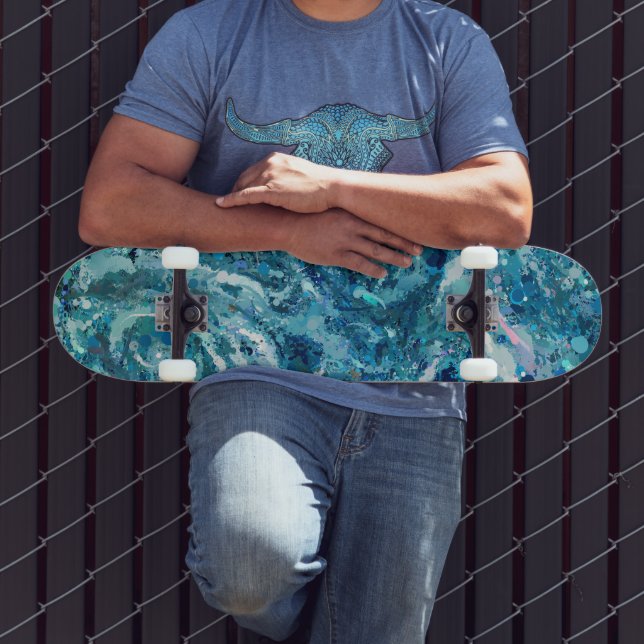 Blue White Teal Sea Waves Splash Abstraction Skateboard (Outdoor 3)