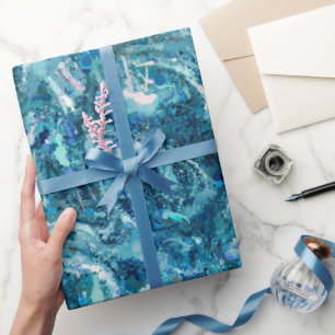 Blue White Teal Sea Waves Splash Abstraction Wrapping Paper