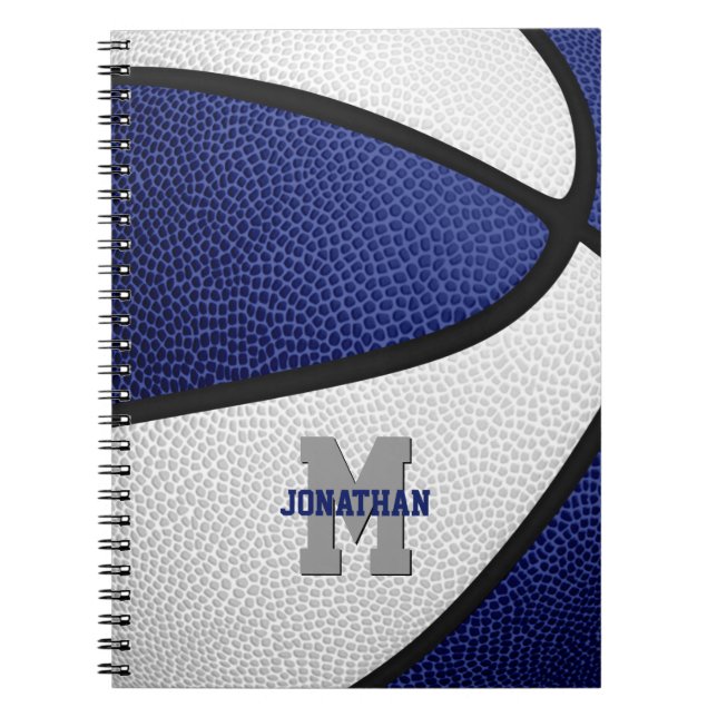 blue white team colours boys girls basketball notebook (Front)