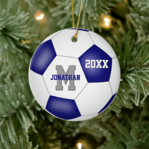 blue white team colours boys girls soccer ceramic ornament
