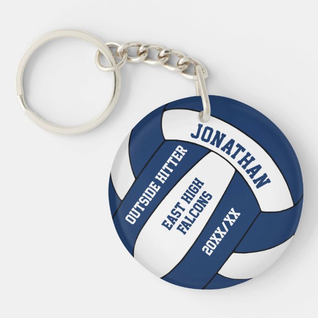 blue white team colours custom boys volleyball key ring (Front)