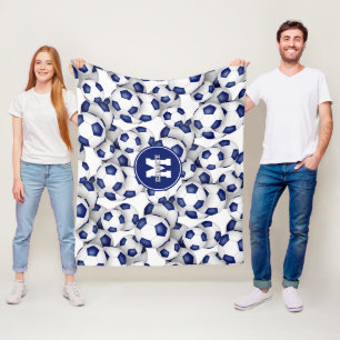 blue white team colours soccer balls pattern fleece blanket