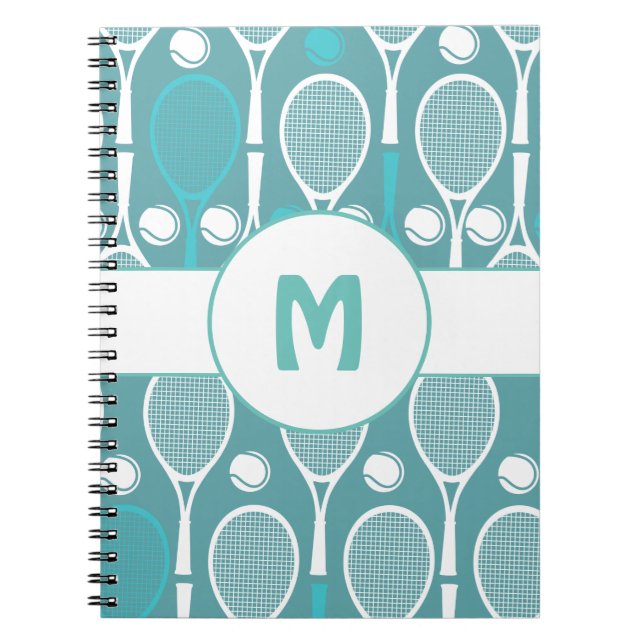 Blue & White Tennis Rackets Balls Player Name Cute Notebook (Front)