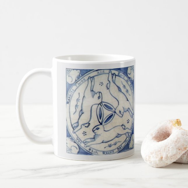 Blue & White Three Hares Rabbits Medallion Symbol Coffee Mug (With Donut)