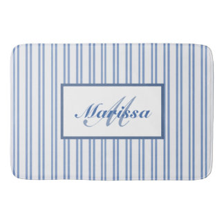 Blue White Ticking Stripes  Farmhouse Monogrammed  Bath Mat
