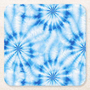Blue White Tie Dye Square Paper Coaster