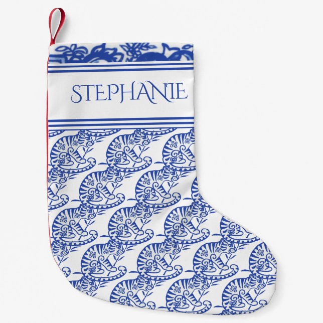 Blue White Tiger Pattern Delft Oriental Custom Small Christmas Stocking (Front)