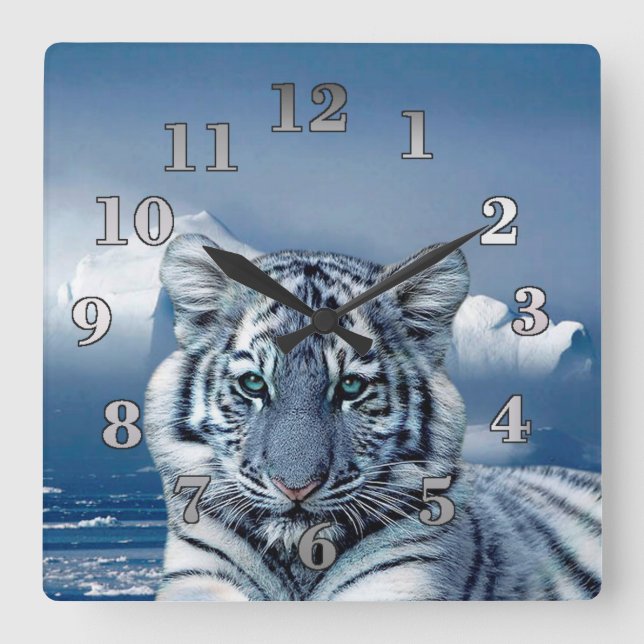 Blue White Tiger Square Wall Clock (Front)
