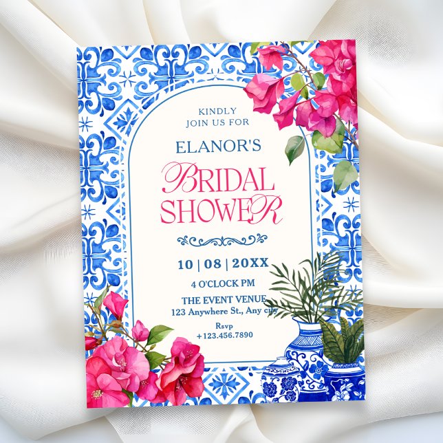 Blue white tile artistic bridal shower invitation (Creator Uploaded)