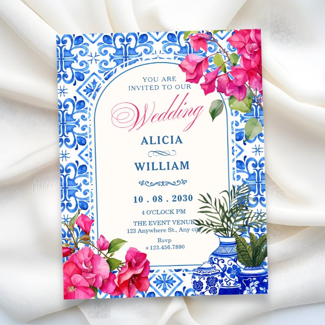 Blue white tile artistic wedding invitation (Creator Uploaded)
