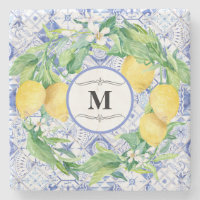 Blue White Tile Lemon Citrus Wreath Farmhouse Art