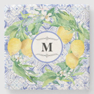 Blue White Tile Lemon Citrus Wreath Farmhouse Art Stone Coaster