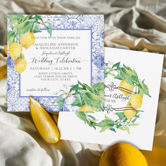Blue White Tile Lemon Floral Citrus Foliage Rustic Invitation (Creator Uploaded)