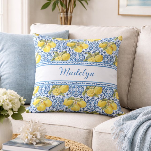 Blue White Tile Lemon Mediterranean Pattern Name Cushion (Creator Uploaded)