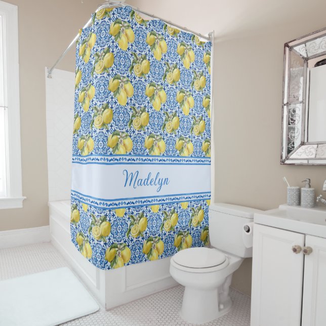 Blue White Tile Lemon Mediterranean Pattern Name Shower Curtain (In Situ)