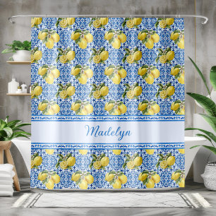 Blue White Tile Lemon Mediterranean Pattern Name Shower Curtain