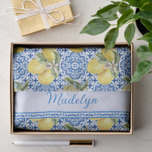 Blue White Tile Lemon Mediterranean Pattern Name Tissue Paper (Gift)