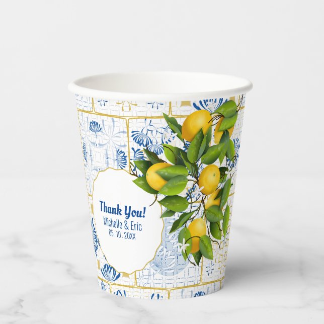Blue White Tile Lemon Mediterranean Wedding Paper Cups (Front)