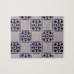 Blue White Tile Square Graphic Vintage Art Jigsaw Puzzle