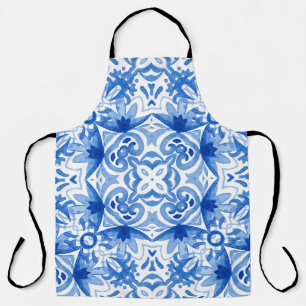Blue white tile, watercolor seamless pattern. apron