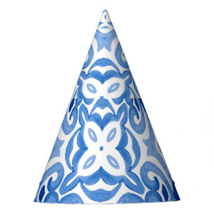 Blue white tile, watercolor seamless pattern. party hat