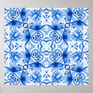 Blue white tile, watercolor seamless pattern. poster