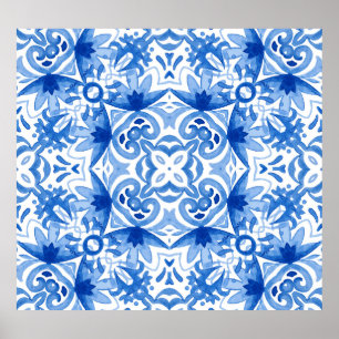 Blue white tile, watercolor seamless pattern. poster