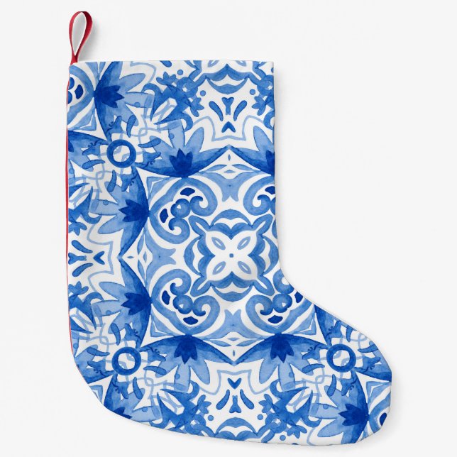 Blue white tile, watercolor seamless pattern. small christmas stocking (Front)