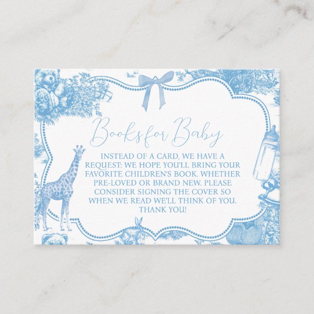 Blue White Toile de Jouy Bear Baby Shower Books Enclosure Card (Front)