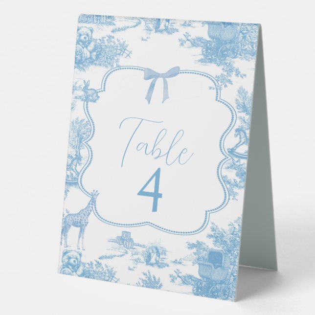 Blue White Toile de Jouy Bear Giraffe Table Number (Back)