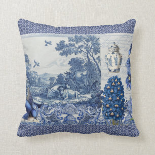 Blue White Toile Flowers n Bird Collage French Cushion