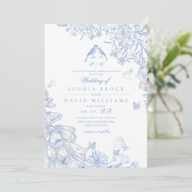 Blue White Toile French Floral Photo Wedding  Invitation (Standing Front)