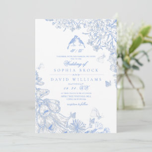 Blue White Toile French Floral Wedding  Invitation