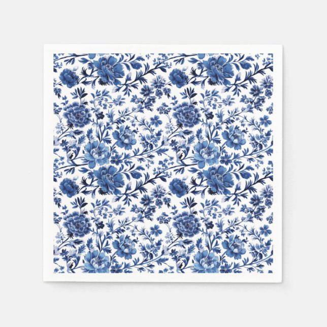 Blue White Toile Watercolor Floral Paper Napkin (Front)