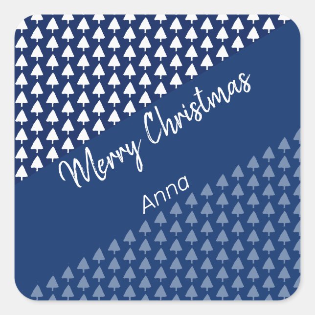 Blue White Tree Watercolor Pattern Square Sticker (Front)