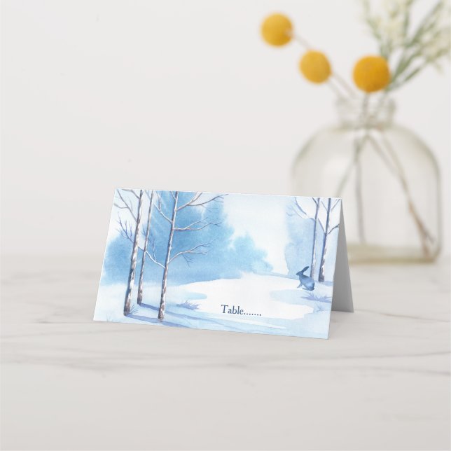 Blue White Trees Rabbit Winter Wedding Place Card (Front)