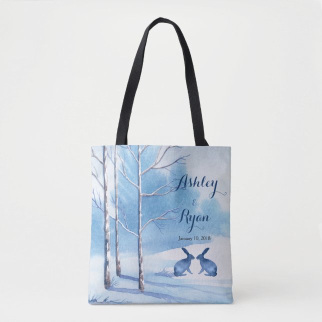 Blue White Trees Rabbits Winter Wedding Bag (Front)