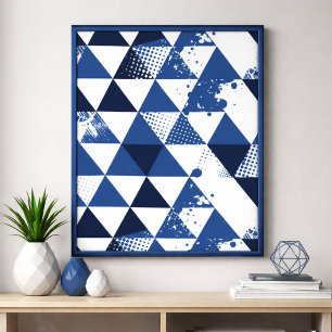 Blue & White Triangular Design with Paint Splashes Poster