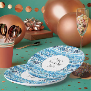 Blue White Tribal Stripes Birthday Paper Plate