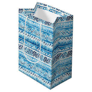 Blue White Tribal Stripes Medium Gift Bag