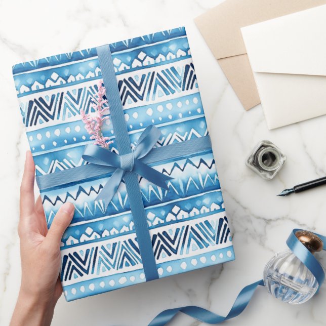 Blue White Tribal Stripes Wrapping Paper (Gifting)