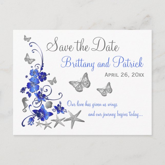 Blue White Tropical Beach Save the Date Postcard (Front)